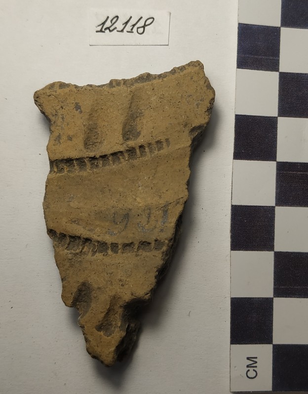 Фрагмент стінки ліпної сіроглиняної посудини жовтого кольору назовні