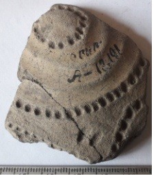 Фрагмент стінки ліпної сіроглиняної посудини, жовтого кольору назовні.