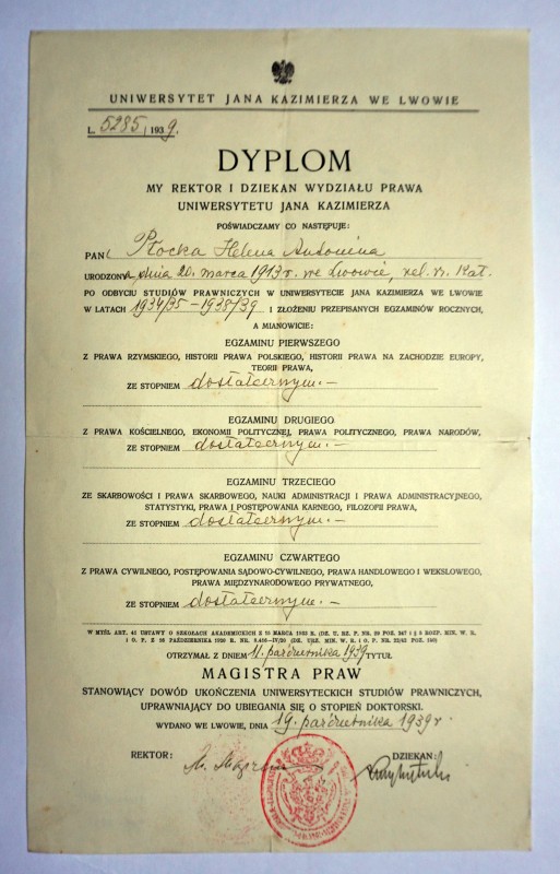 Диплом № 5285/1939 на ім’я Плоцької Гелени про закінчення відділу права Львівського університету Яна Казимира та присвоєння їй титулу магістра прав