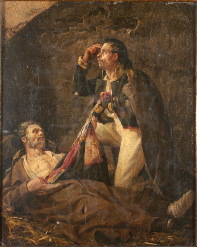 Вмираючий солдат, що передає збережений ним прапор товаришу.