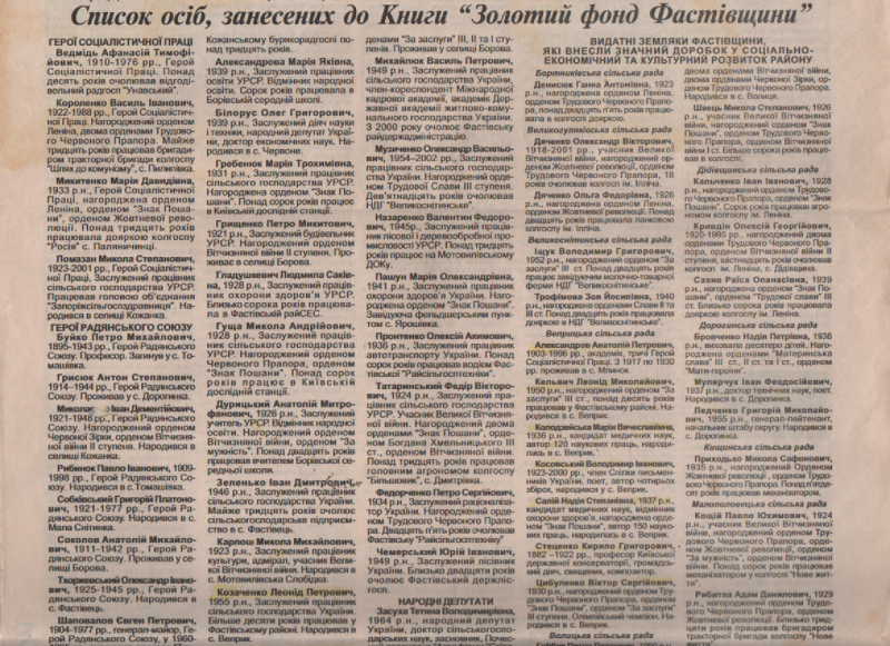 Список осіб, занесених до Книги "Золотий фонд Фастівщини"