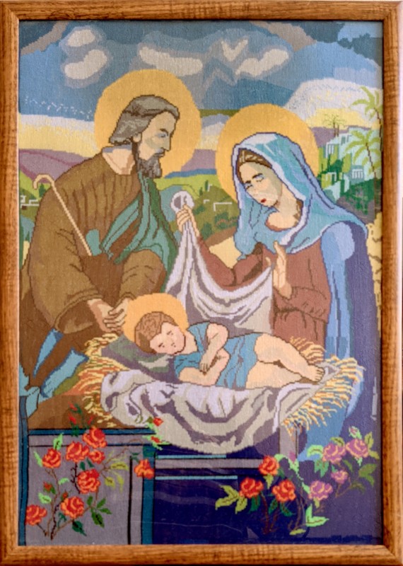 Картина вишита хрестиком "Різдво Ісусі Христа" (у рамці під склом).