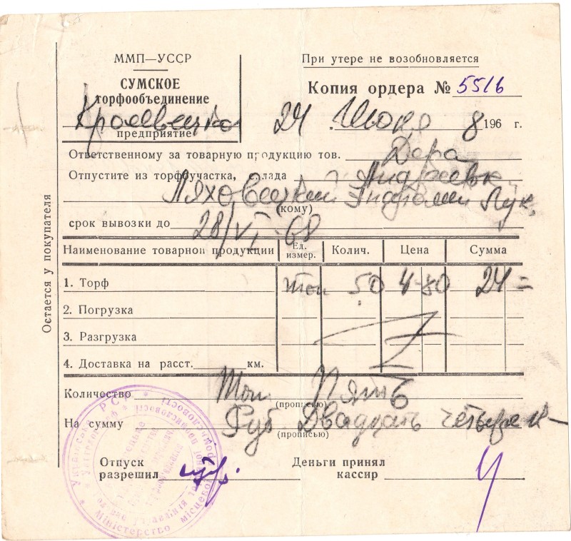 Копія ордеру №5516. Від 24 липня 1968 року