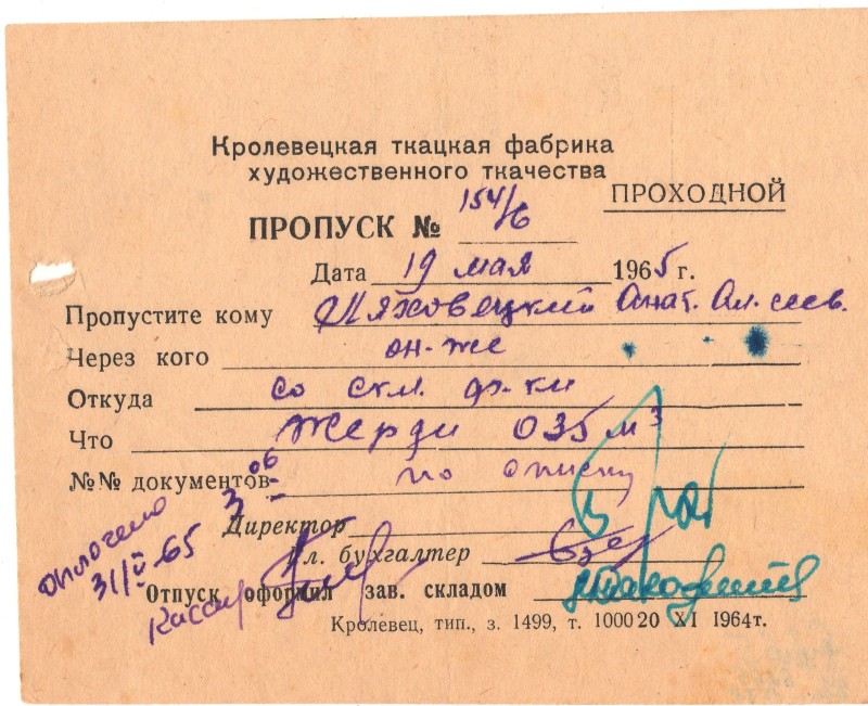 Перепустка  прохідна. №154/6. Від 19 травня 1965 року