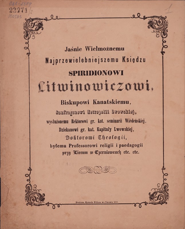 Jaśnie Wielmożnemu Najprzewielebniejszemu Księdzu Spiridionowi Litwinowiczowi … (перелік титулів).