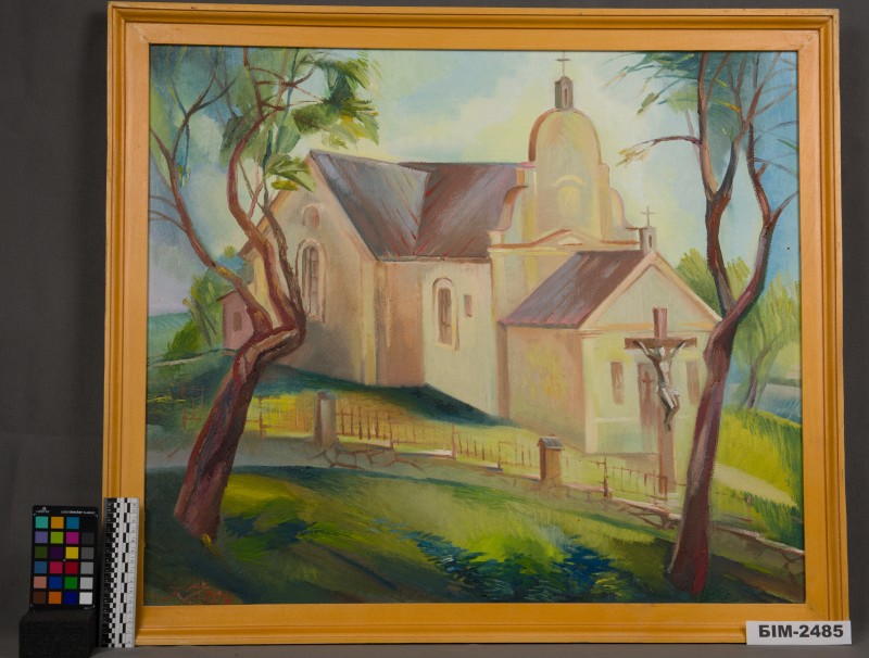 Картина Лариси Желінскайте "Пейзаж з костьолом Св. Станіслава"