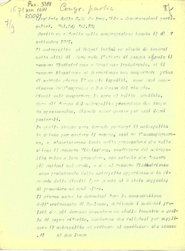 Archivio della S.C. de Prop. Fide. – Congregazioni particolari. Vol. 24. Fol. 10.