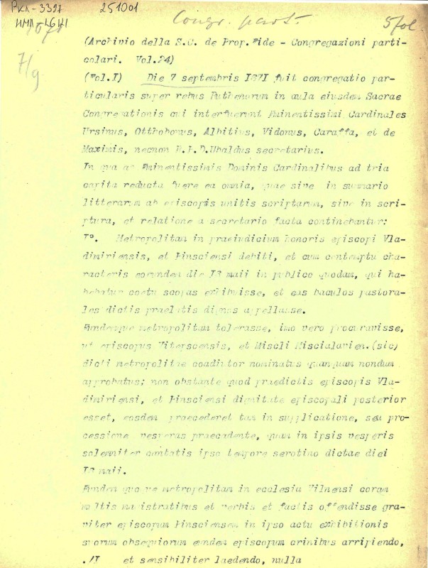 Archivio della S.C. de Prop. Fide. – Congregazioni particolari. Vol. 24. Fol. 1.