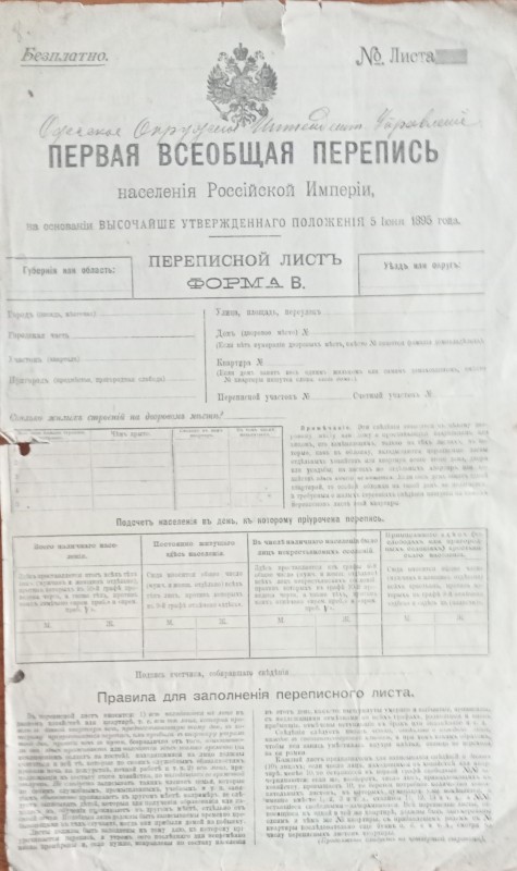 Переписний листок " Перший загальний перепис населення Російської імперії"