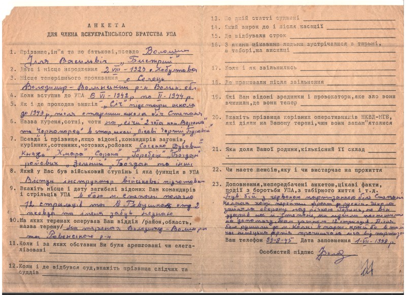 Анкета члена Всеукраїнського братства УПА Волошина І. В.