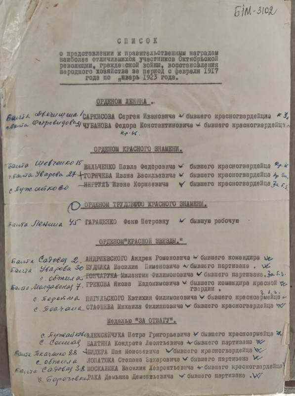 Список представлення до урядових нагород учасників громадянської війни 1917-1923 рр.