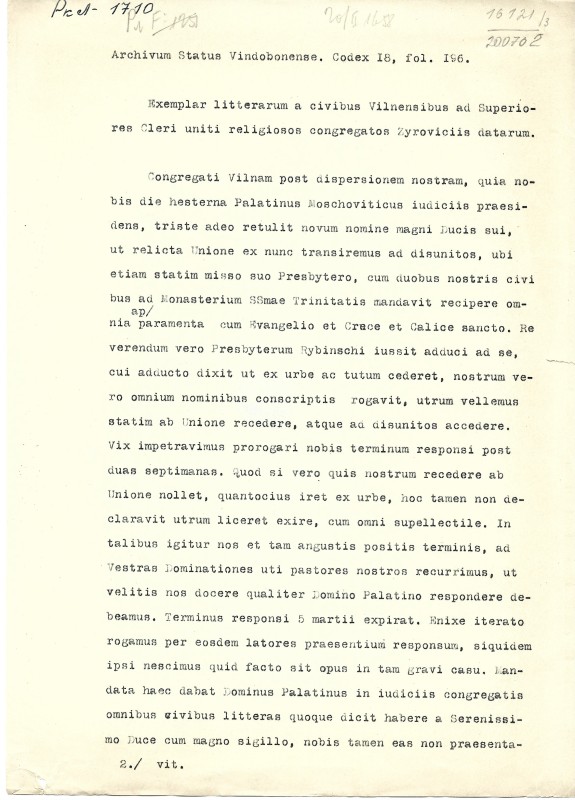 Archivum Status Vindobonense. Codex 18, fol. 196. (Exemplar litterarum a civibus Vilnensibus
