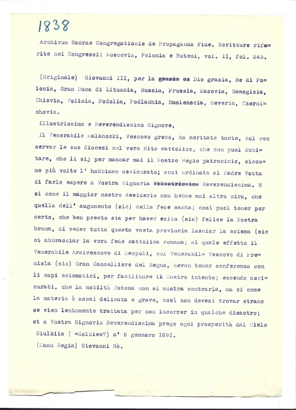 Archivum Sacrae Congregationis de Propaganda Fide. Scritture riferite nei Congressi: Moscovia, Polonia e Ruteni Vol. II, fol. 243