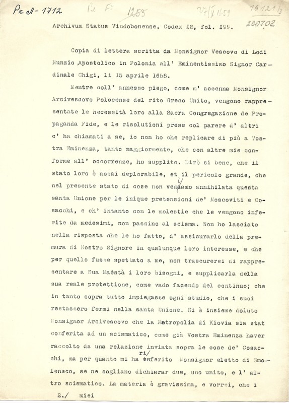 Archivum Status Vindobonense. Codex 18, fol. 199. (Copia di littera scritta da Monsignor Vescovo di Lodi