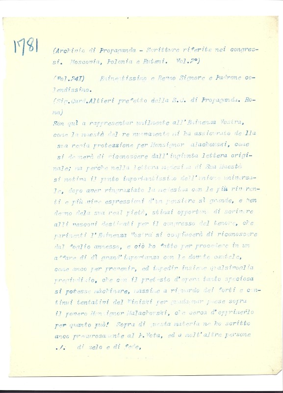 Archivio di Propaganda – Scritture riferite nei сongressi – Moscovia, Polonia e Ruteni Vol. II, fol. 241