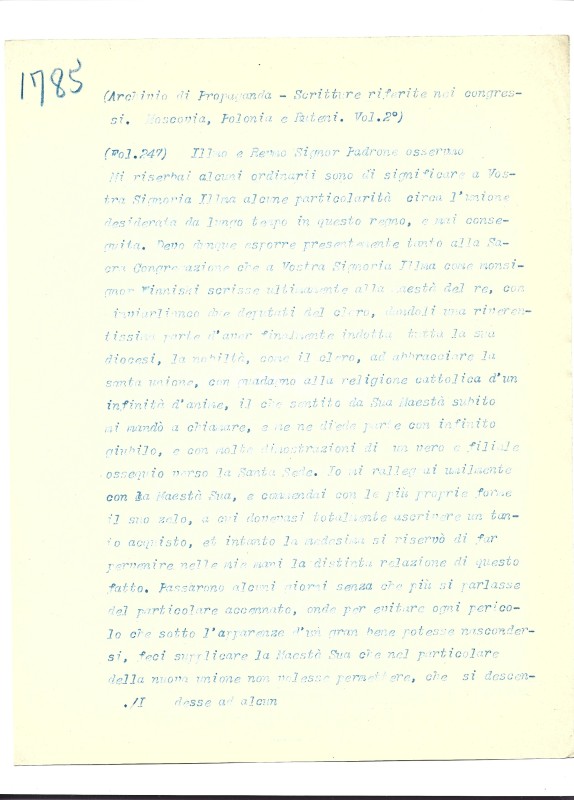 Archivio di Propaganda – Scritture riferite nei сongressi. Moscovia, Polonia e Ruteni Vol. II, fol. 247