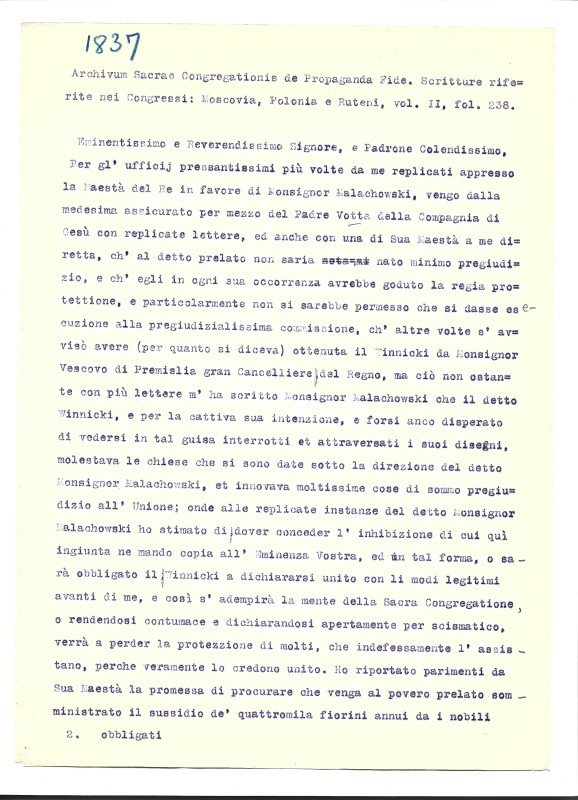 Archivum Sacrae Congregationis de Propaganda Fide. Scritture riferite nei Congressi: Moscovia, Polonia e Ruteni Vol. II, fol. 238