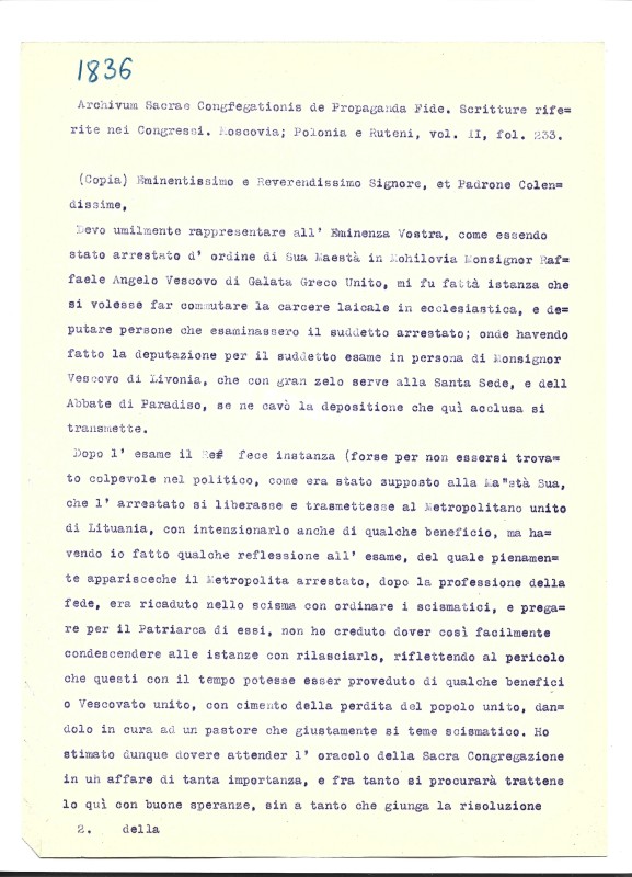 Archivum Sacrae Congregationis de Propaganda Fide. Scritture riferite nei Congressi: Moscovia, Polonia e Ruteni Vol. II, fol. 233