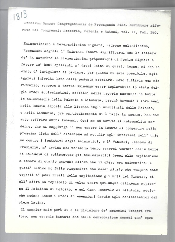 Archivum Sacrae Congregationis de Propaganda Fide. Scritture riferite nei Congressi: Moscovia, Polonia e Ruteni Vol. II, fol. 390