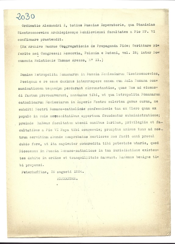 Ex Archivo Sacrae Congregationis de Propaganda Fide. Scritture riferite nei Congressi: Moscovia, Polonia e Ruteni Vol. 18: inter documenta Relationis Thomae Arezzo, № 2.