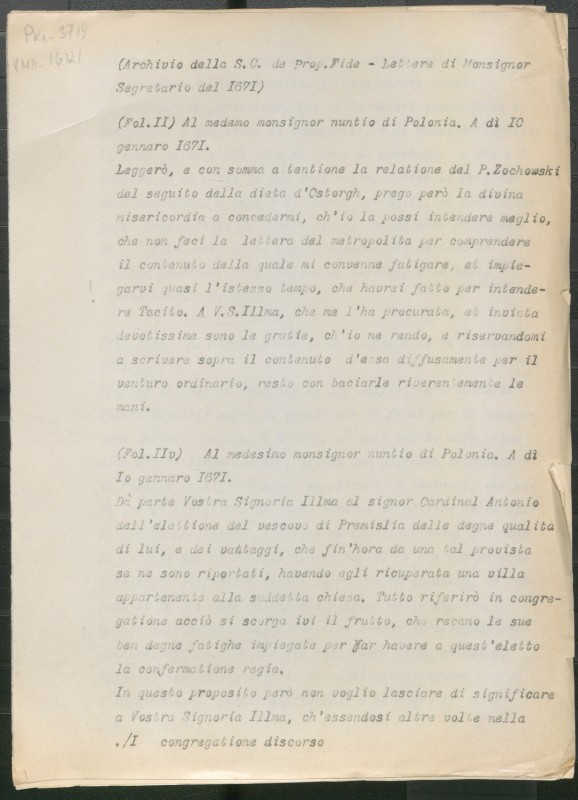 Archivio della S.C. de Prop. Fide – Lettere di Monsignor Segretario del 1671