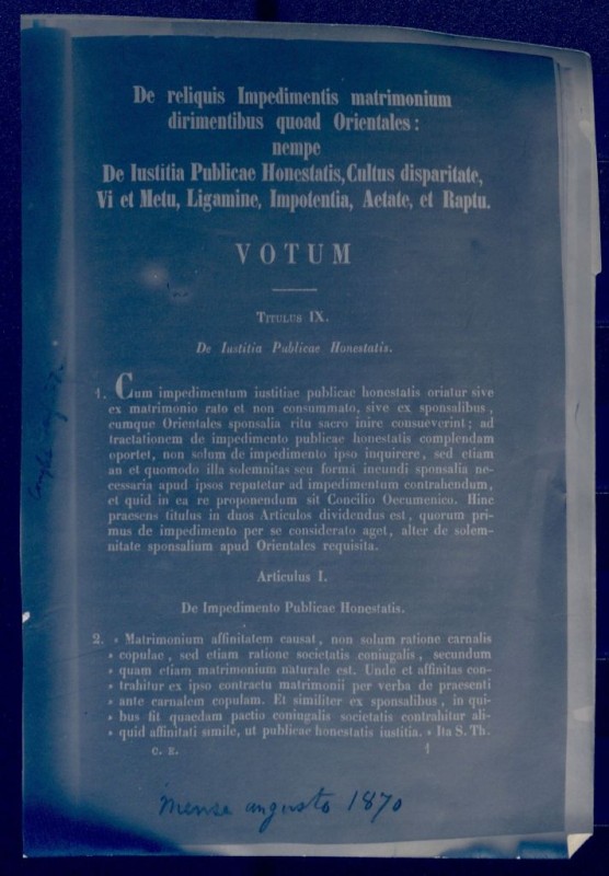 De reliquis Impedimentis matrimonium dirimentibus quoad Orientales: nempe De Iustitia Publicae Honestatis, Cultus disparitate, Vi et Metu, Ligamine, Impotentia, Aetate, et Raptu.
