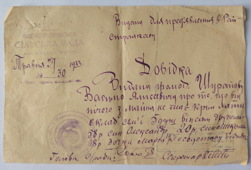Довідка Олександрівської с/р від 29.05.1933  Шурапову Василю