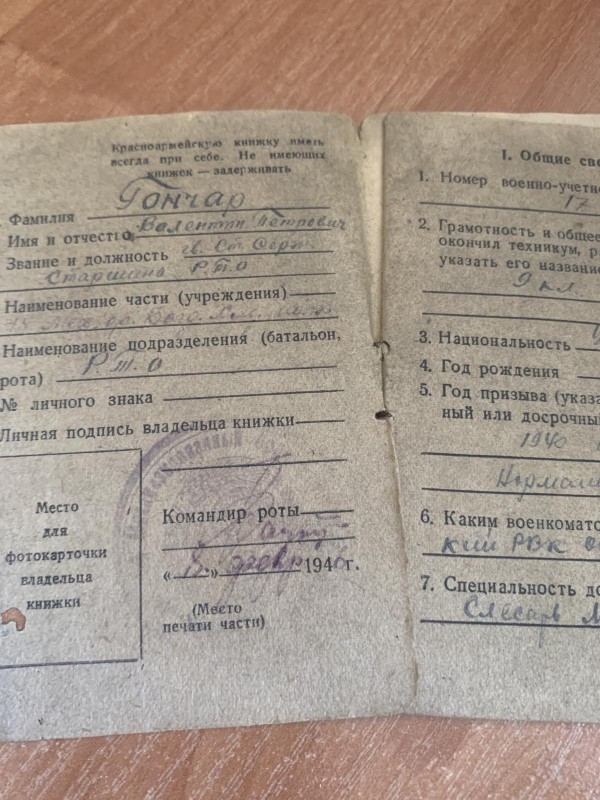 Красноармійська книжка Гончара Валентина Петровича