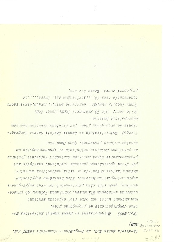 Archivio della S. C. de Prop. Fide. Memoriali del 1624 ed ultimi sei mesi del 1623. Vol. 390. (Архів Святої Конгрегації Пропаганди Віри. Спогади за 1623 - 1624 рр. Т. 391)