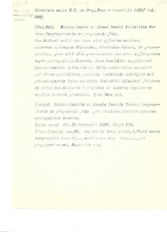 Archivio della S. C. de Prop. Fide. Memoriali del 1624 ed ultimi sei mesi del 1623. Vol. 392. (Архів Святої Конгрегації Пропаганди Віри. Спогади за 1623 - 1624 р. Т. 392)