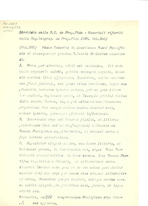Archivio della S. C. de Prop. Fide. Memoriali del 1624 ed ultimi sei mesi del 1623. Vol. 385. (Архів Святої Конгрегації Пропаганди Віри. Спогади за 1623 - 1624 рр. Т. 385).