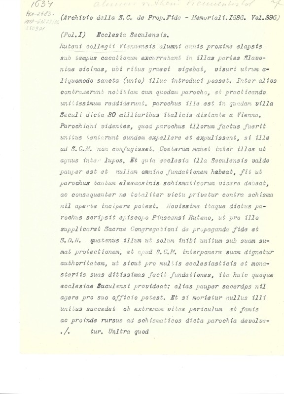 Archivio della S. C. de Prop. Fide. Memoriali del 1624 ed ultimi sei mesi del 1623. Vol. 396. (Архів Святої Конгрегації Пропаганди Віри. Спогади за 1624 р. та друге півріччя 1623 р. Т. 396).