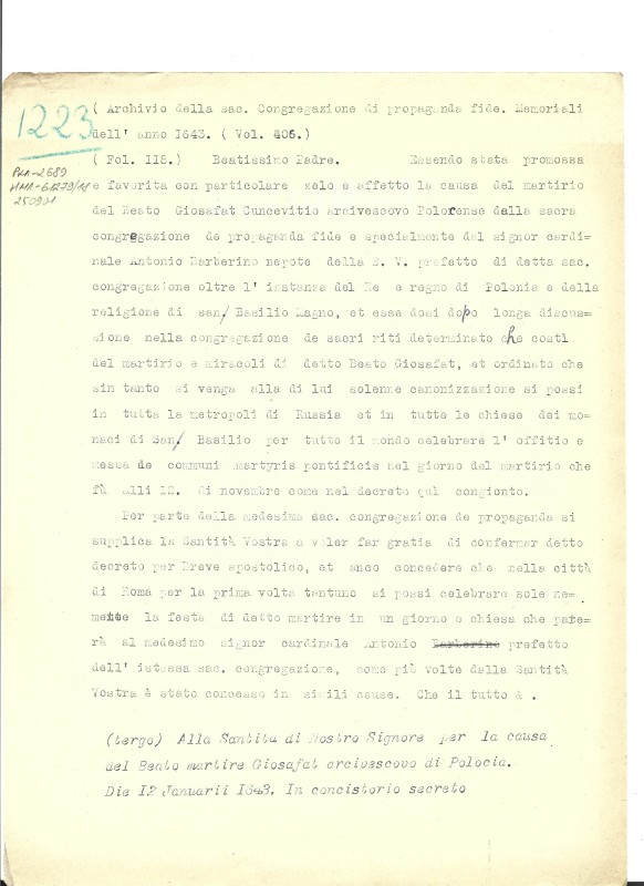 Archivio della S. C. de Prop. Fide. Memoriali del 1624 ed ultimi sei mesi del 1623. Vol. 403-404. (Архів Святої Конгрегації Пропаганди Віри. Спогади за 1624 р. та друге півріччя 1623 р. Т. 403-404).