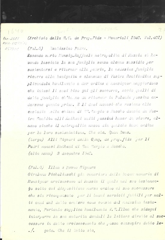 Archivio della S. C. de Prop. Fide. Memoriali del 1624 ed ultimi sei mesi del 1623. Vol. 401. (Архів Святої Конгрегації Пропаганди Віри. Спогади за 1624 р. та друге півріччя 1623 р. Т. 401)