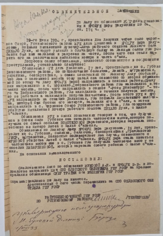 Звинувачення за фактом канібалізму (ксерокопія, 1933 рік).