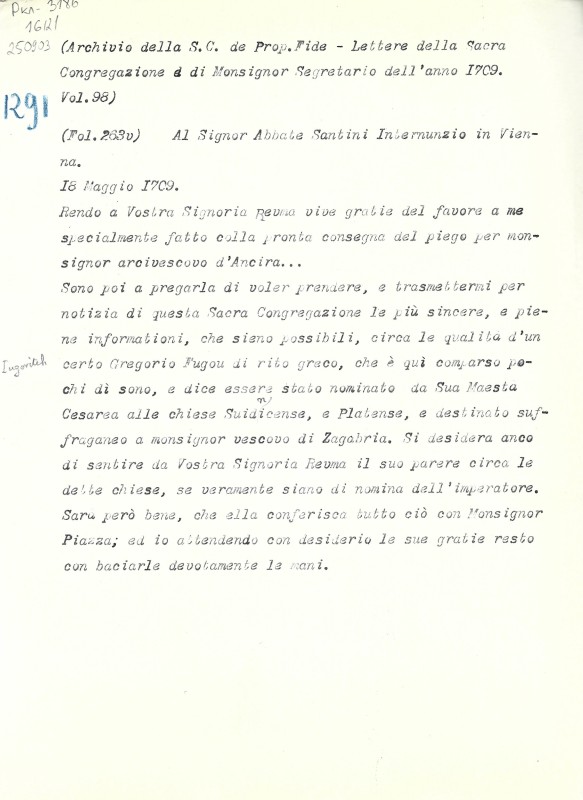 Archivio della S. C. de Prop. Fide. Lettere della Sacra Congregazione e di Monsignor Segretario dell’anno 1709. Volume 98. Fol. 263v (№ 1291). - Архів Священної Конгрегації Пропаганди Віри. Листи Св. Конгрегації і кардинала секретаря за 1709. Том 98. арк. 263зв. (№ 1291).