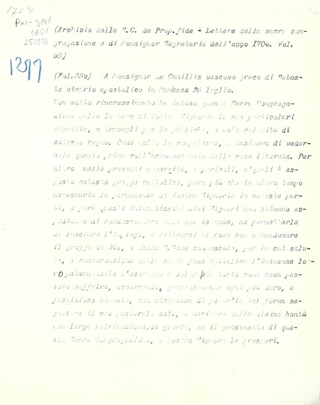 Archivio della S. C. de Prop. Fide. Lettere della sacra congregazione e di Monsignor Segretario dell’anno 1704. Vol. 93. Fol. 33v (№ 1277). – Архів Священної Конгрегації Пропаганди Віри. Листи Св. Конгрегації і кардинала секретаря за 1704. Том 93. арк. 33зв. (№ 1277).