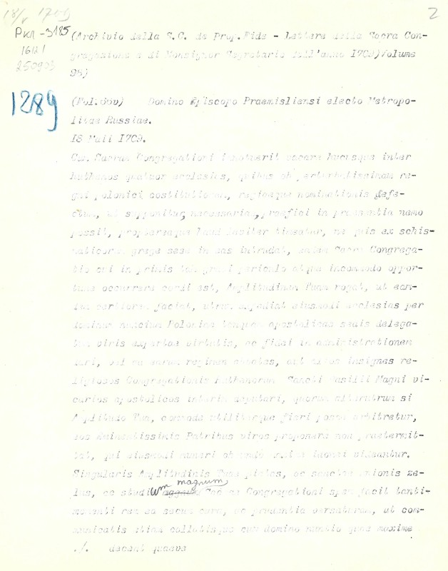 Archivio della S. C. de Prop. Fide. Lettere della Sacra Congregazione e di Monsignor Segretario dell’anno 1709. Volume 98. Fol. 66v (№ 1289). - Архів Священної Конгрегації Пропаганди Віри. Листи Св. Конгрегації і кардинала секретаря за 1709. Том 98. арк. 66зв. (№ 1289).