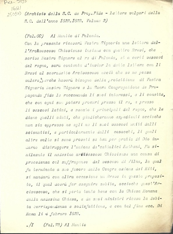 Archivio della S. C. de Prop. Fide. Lettere volgari della S.C. dell’anno 1622.1623. Volume 2. Fol. 60, 73. - Архів Священної Конгрегації Пропаганди Віри. Загальні листи за 1622-1623 рр. Том. 2. Арк. 60, 73.