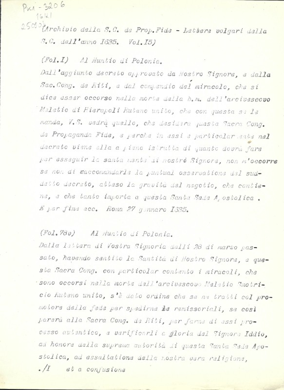 Archivio della S.C. de Prop. Fide. Lettere volgari della S. C. dell’anno 1635. Vol. 15. Fol. 1, 78v, 93v, 110v, 111. - Архів Священної Конгрегації Пропаганди Віри. Загальні листи за 1635 р. Том. 15. Арк. 1, 78v, 93v, 110v, 111.