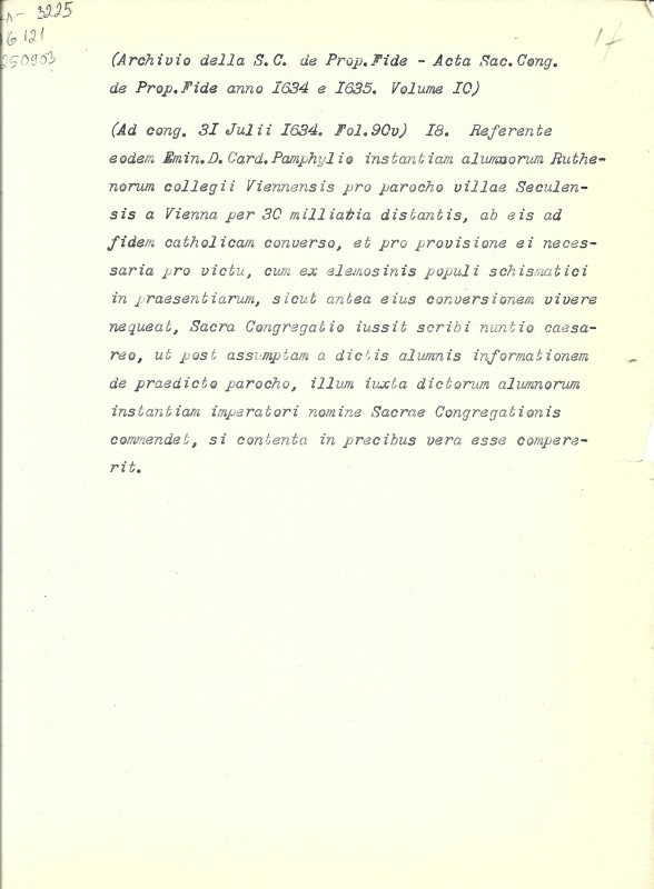 Archivio della S.C. de Prop. Fide. Acta Sac. Cong. de Prop. Fide anno 1634 e 1635. Vol. 10. Fol. 90v. - Архів Священної Конгрегації Пропаганди Віри. Протоколи Св. Конгрегації за 1634 і 1635 рр. Том. 10. Арк. 90зв.