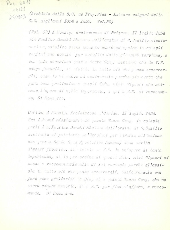 Archivio della S.C. de Prop. Fide. Lettere volgari della S. C. degl’anni 1654 e 1655. Vol. 30. Fol. 33. - Архів Священної Конгрегації Пропаганди Віри. Загальні листи за 1654 і 1655 рр. Том. 30. Арк. 33.