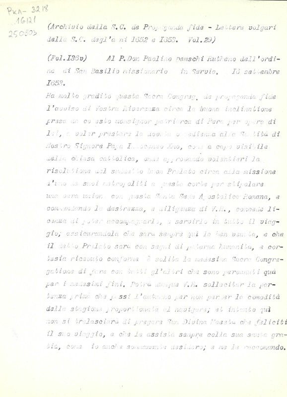 Archivio della S.C. de Propaganda fide. Lettere volgari della S. C. dell’anni 1652 e 1653. Vol. 29. Fol. 136v. - Архів Священної Конгрегації Пропаганди Віри. Загальні листи за 1652 і 1653 рр. Том. 29. Арк. 136зв.