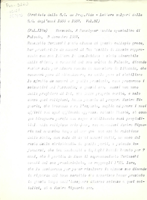Archivio della S.C. de Prop. Fide. Lettere volgari della S. C. degl’anni 1656 e 1657. Vol. 31. Fol. 116v. - Архів Священної Конгрегації Пропаганди Віри. Загальні листи за 1656 і 1657 рр. Том. 31. Арк. 116зв.