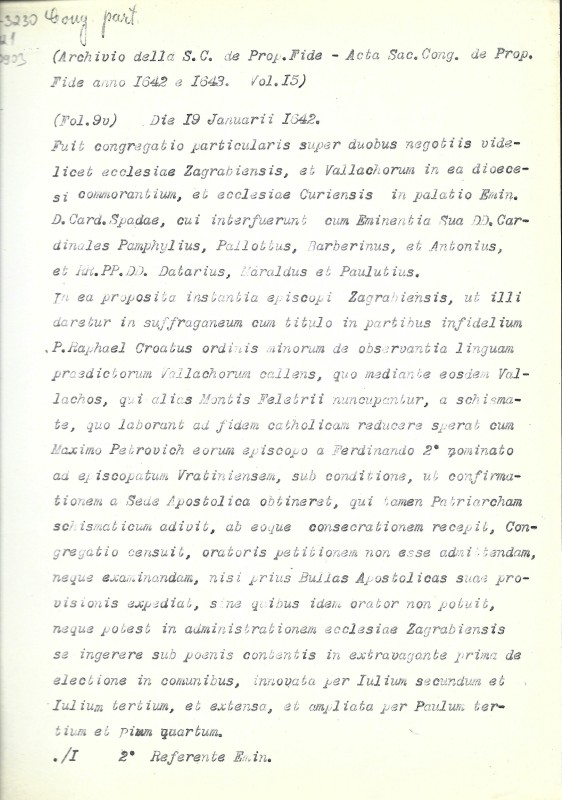 Archivio della S.C. de Prop. Fide. Acta Sac. Cong. de Prop. Fide anno 1642 et 1643. Vol. 15. Fol. 9v. - Архів Священної Конгрегації Пропаганди Віри. Протоколи Св. Конгрегації за 1642 і 1643 рр. Том. 15. Арк. 9зв.