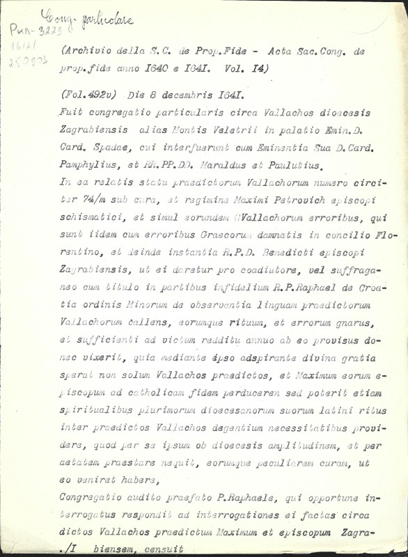 Archivio della S.C. de Prop. Fide. Acta Sac. Cong. de Prop. Fide anno 1640 et 1641. Vol. 14. Fol. 492v. - Архів Священної Конгрегації Пропаганди Віри. Протоколи Св. Конгрегації за 1640 і 1641 рр. Том. 14. Арк. 492зв.