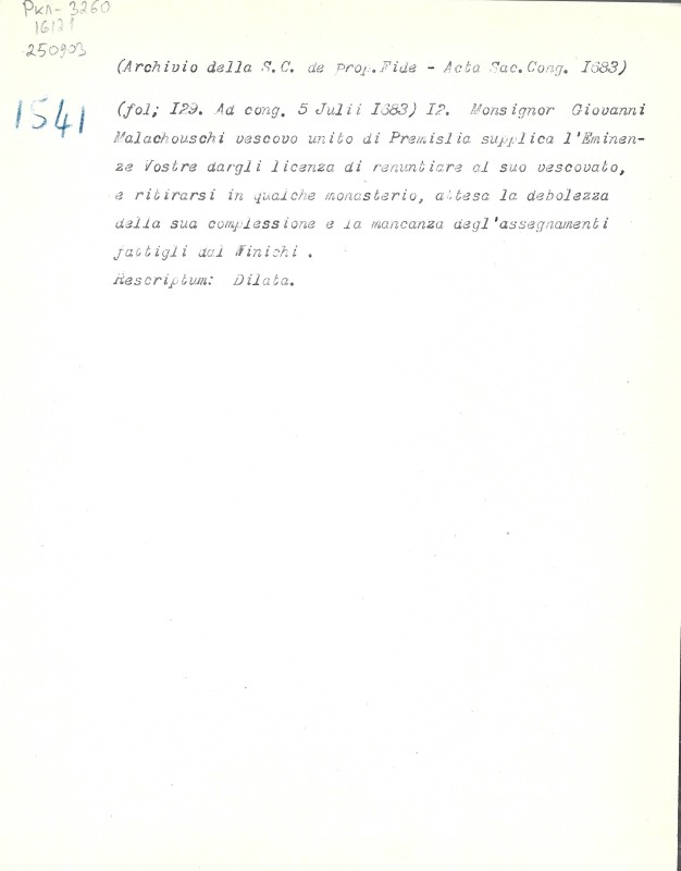 Archivio della S. C. de Prop. Fide. Acta Sac. Cong. 1683. [Vol. 53]. Fol. 129. - Архів Священної Конгрегації Пропаганди Віри. Протоколи Св. Конгрегації за 1683 р. [Том 53]. Арк. 129.