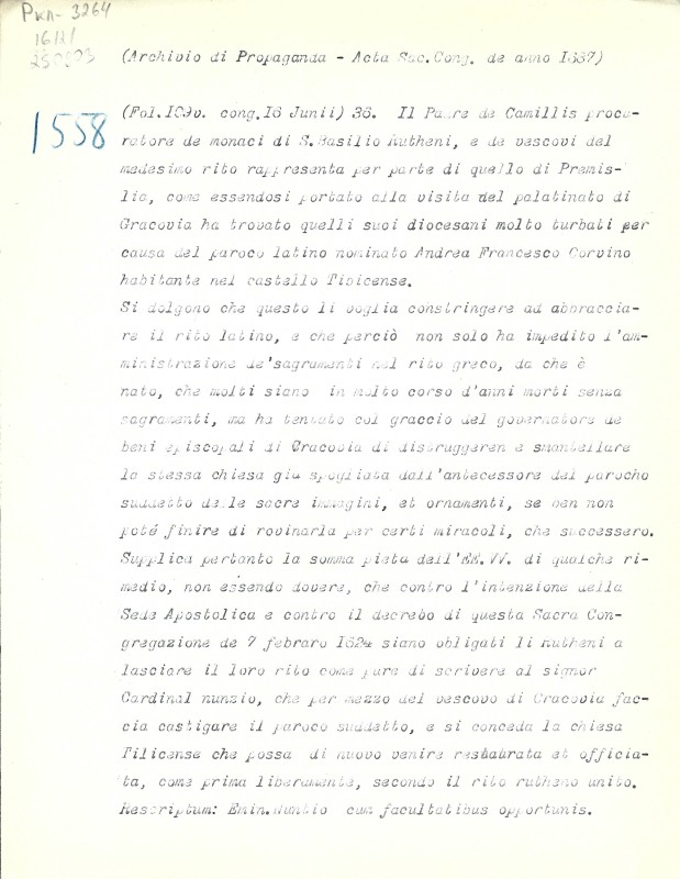 Archivio di Propaganda. Acta Sac. Cong. de anno 1687. [Vol. 57]. Fol. 109v. - Архів Священної Конгрегації Пропаганди Віри. Протоколи Св. Конгрегації за 1687 р. [Том 57]. Арк. 109v.
